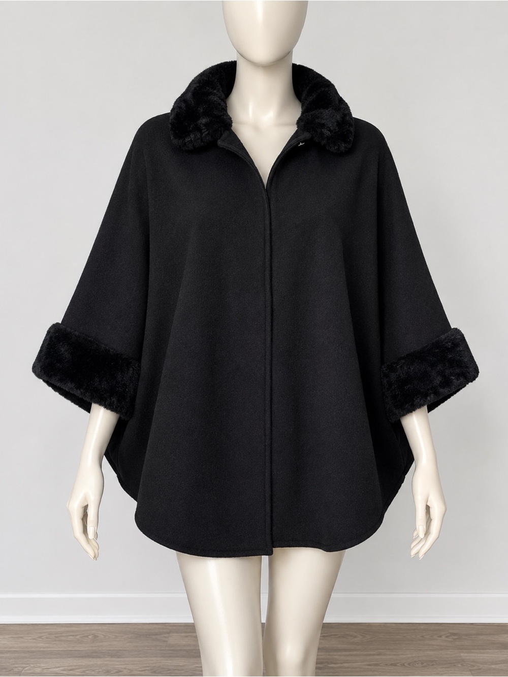 Black Faux Fur-Trim Cape Coat
